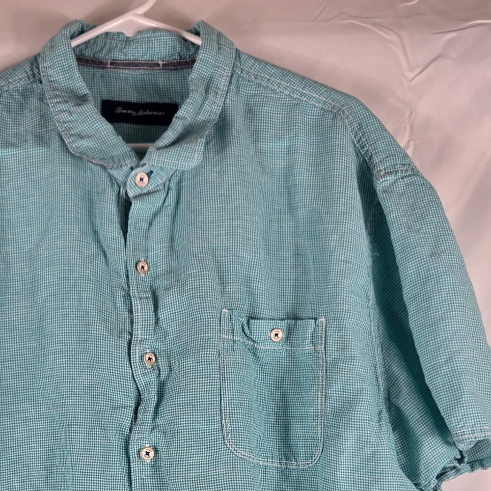Tommy Bahama‎ Mens 3XL Teal Gingham Linen Tencel Short Sleeve Button Down Shirt